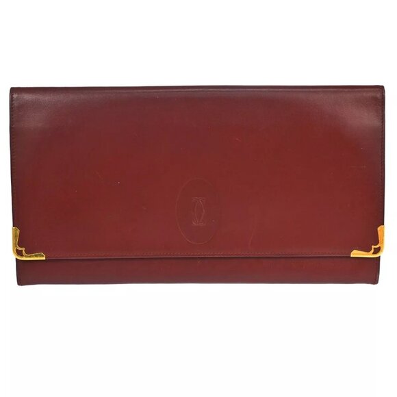 MUST DE CARTIER 2C Logo Clutch Hand Bag Leather Burgundy GHW Italy - Picture 1 of 16